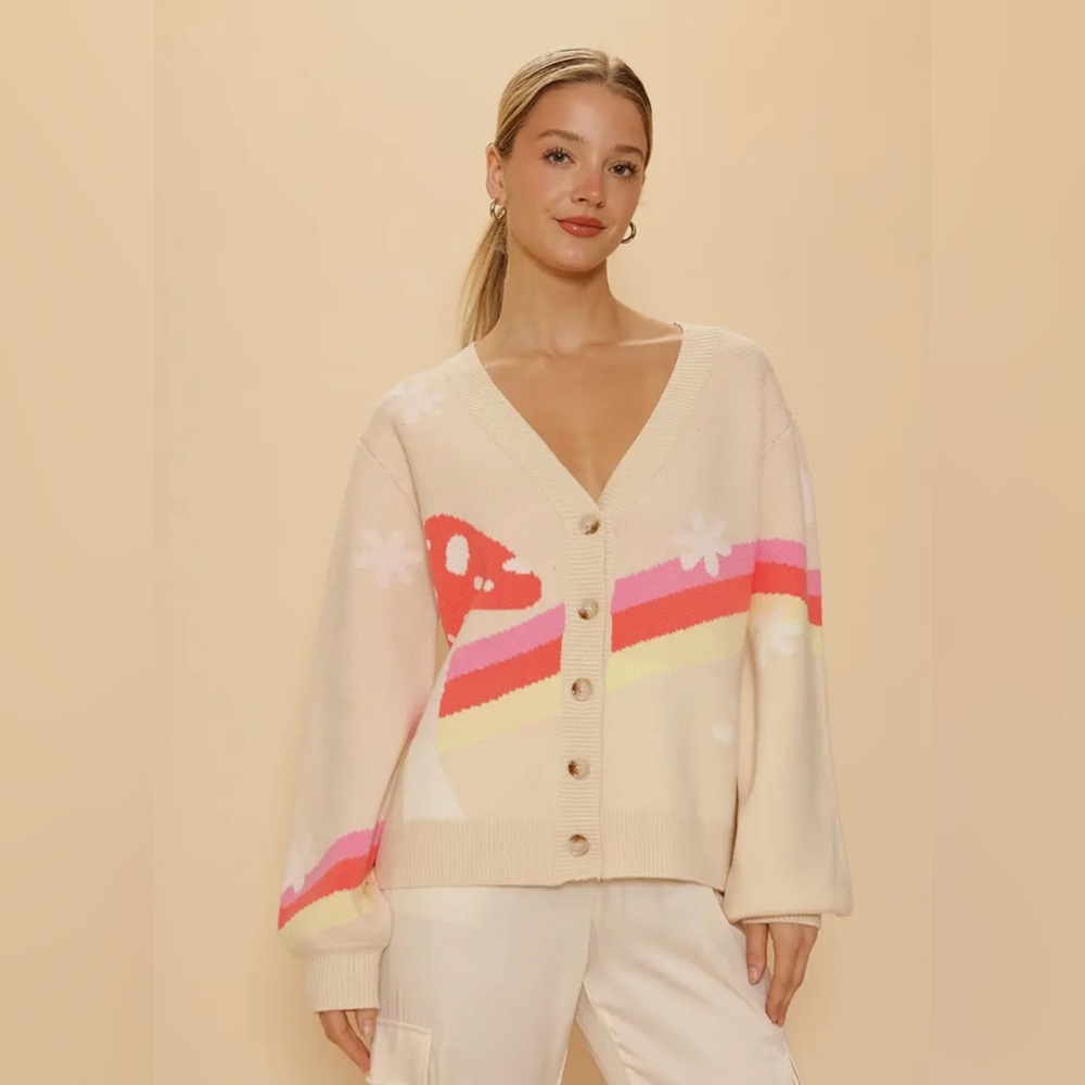 Chic & Retro Pink and Cream Cardigan with Mushrooms 🍄 & Bold Stripes
